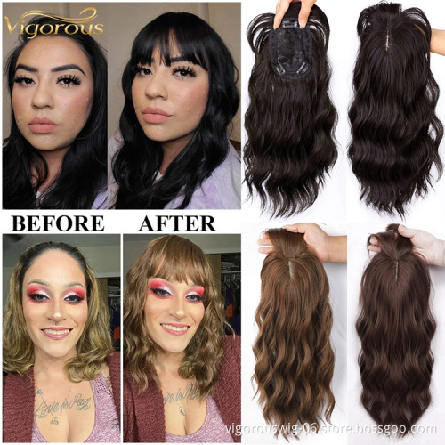 Women Clip In Extensions 4x5inch Topper Hairpiece Invisible Replacement Seamless Synthetic Hair Water Ripple Hair with Air Bangs